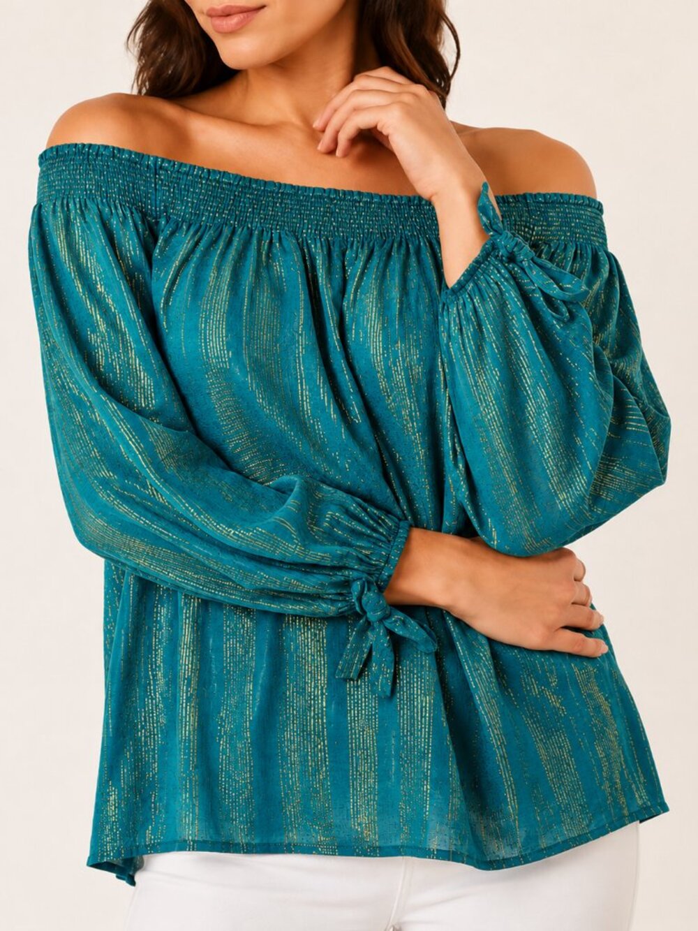 Lilly Pulitzer Turquoise Gold Metallic Ruffle Long Sleeve Blouse Size L